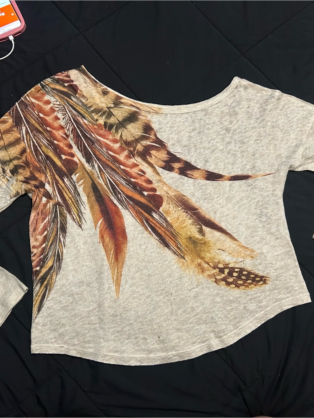 Feather Print Dolman Sleeve Women's Top - Beige